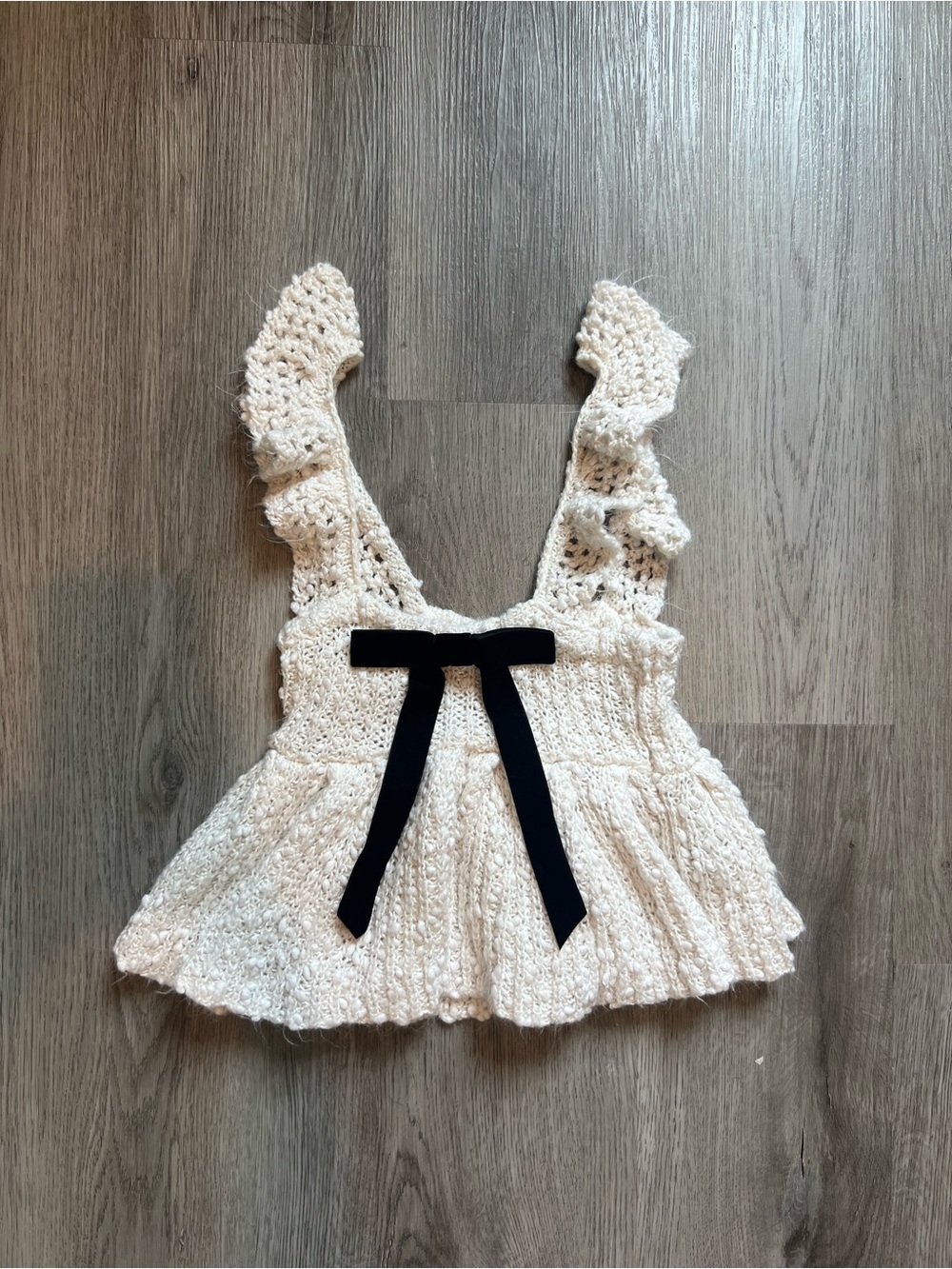 Kimchi Blue Cream Crochet Ruffle Crop Top with Black Bow